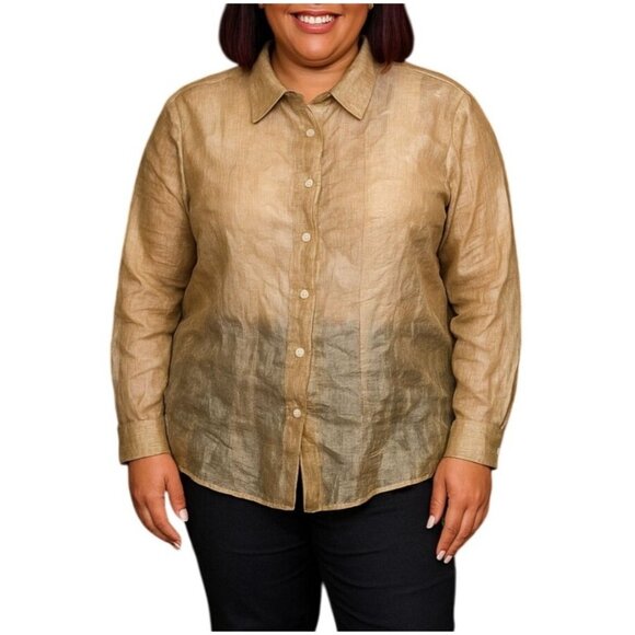 Ashley Stewart Plus Size 18/20 Sheer Top Button-Down Gold Blouse Long Sleeve - Picture 1 of 8